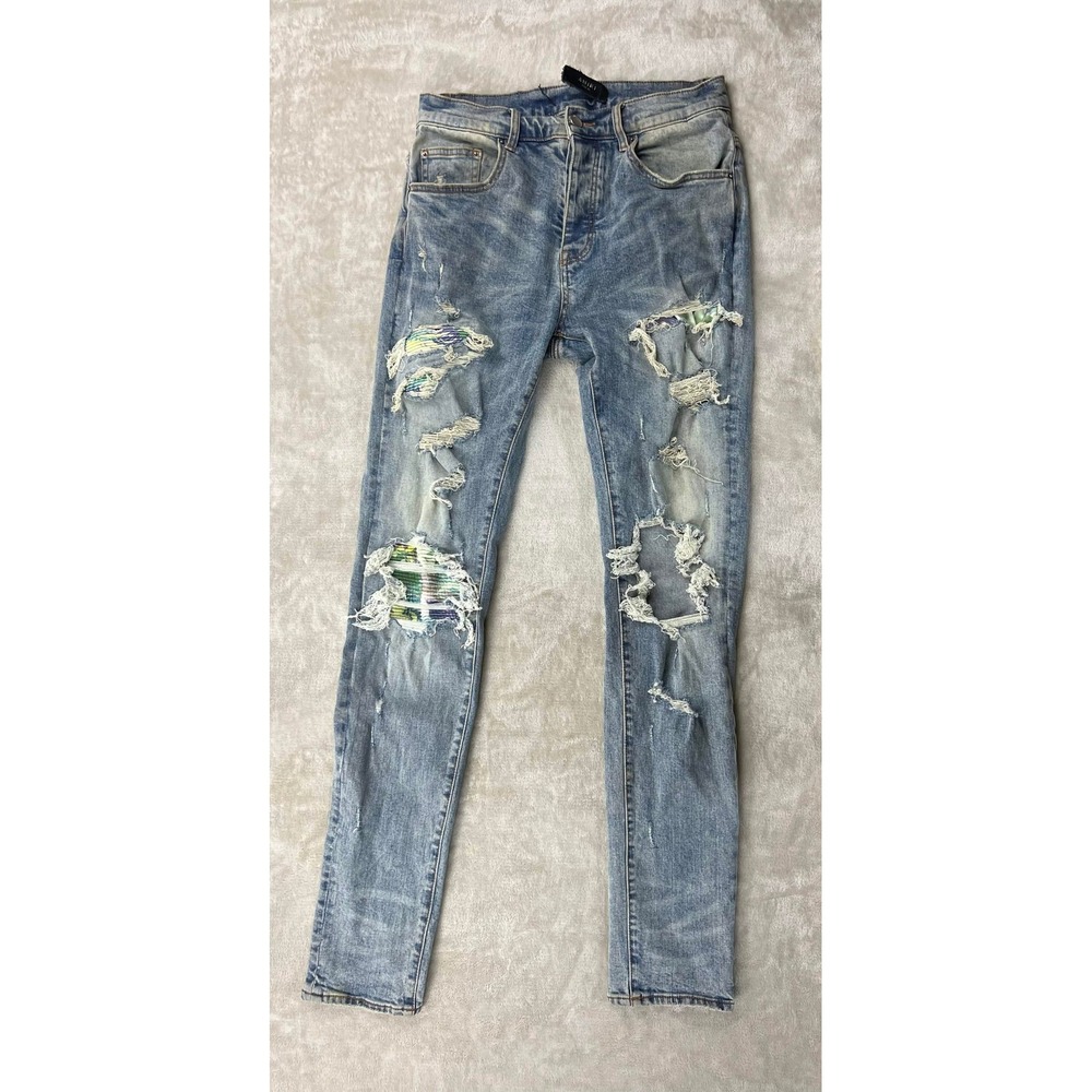 GUC Amiri MX1 Distressed Floral Patch Skinny Jeans Light Wash Blue Mens 31